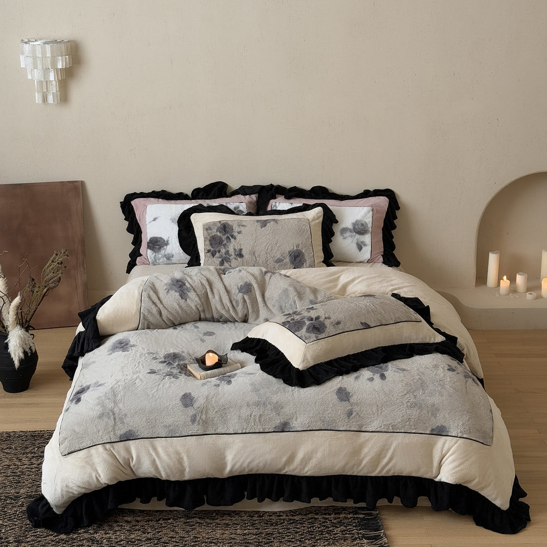 Plush Rose-Print Faux-Fur Quilted Duvet Cover & Ruffled Sham Set