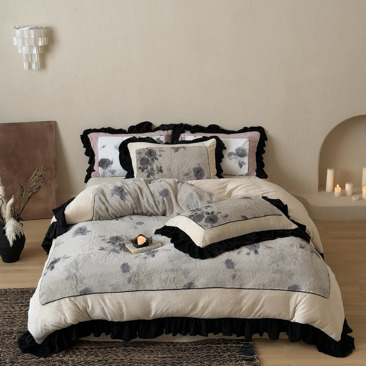 Plush Rose-Print Faux-Fur Quilted Duvet Cover & Ruffled Sham Set