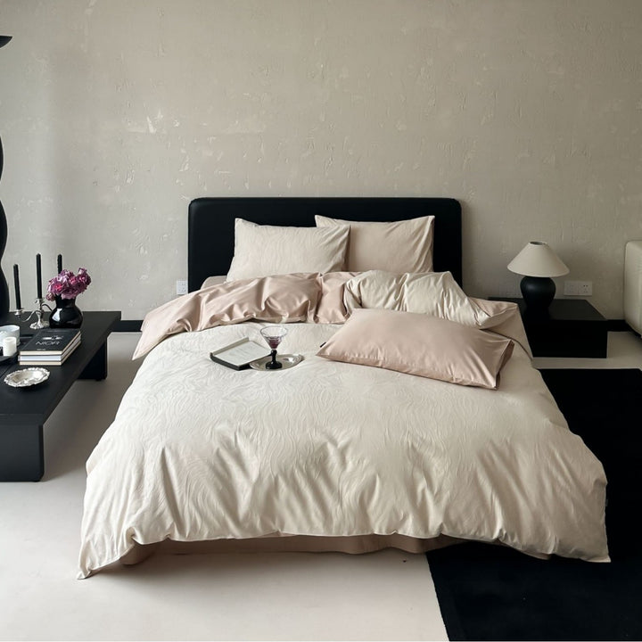 Luxury cotton satin bedding set with embossed wave texture and concealed hotel closure
