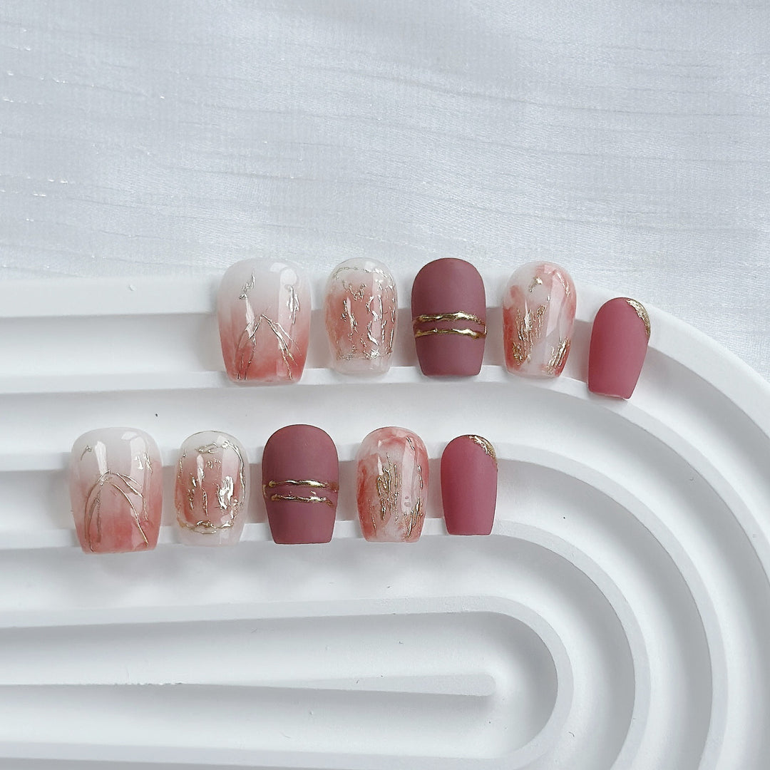 Artistic Press-On Nail Art Set with Heart and Celestial Designs