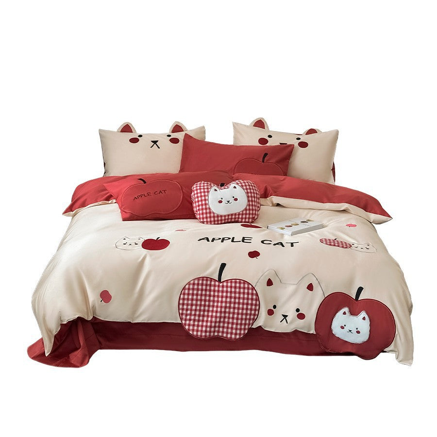 Cute Apple Cat Appliqué Cotton Duvet Cover Set