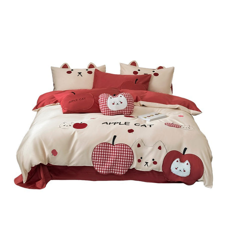 Cute Apple Cat Appliqué Cotton Duvet Cover Set