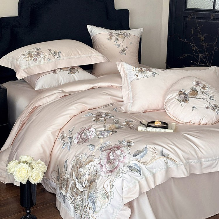 Embroidered Floral & Songbird Luxury Cotton Duvet Cover Set with Decorative Round Cushion