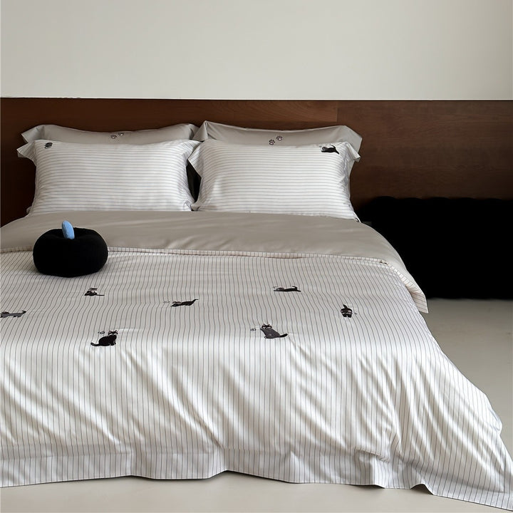 Cotton Sateen Striped Duvet Cover Set with Playful Cat Embroidery & Reversible Shams