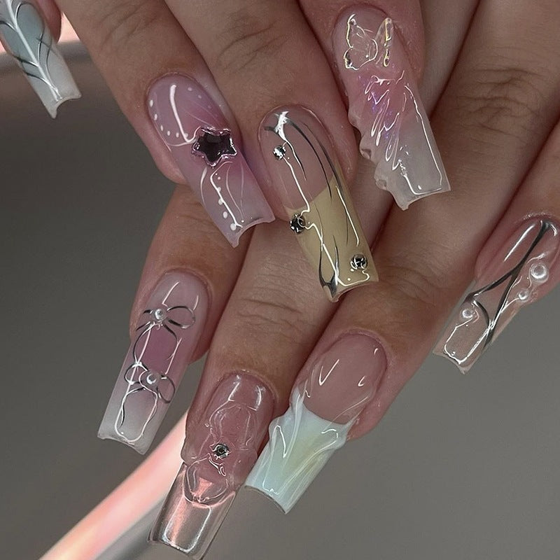 Artifical Nail Set with Elegant Ombre Designs and Glitter Accents Stornfield