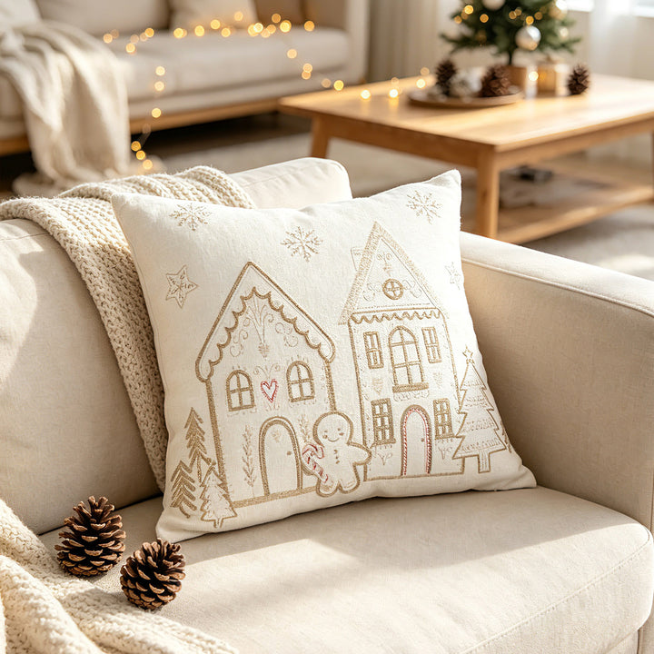 Christmas Gingerbread House Embroidered Velvet Lumbar Pillow Cover