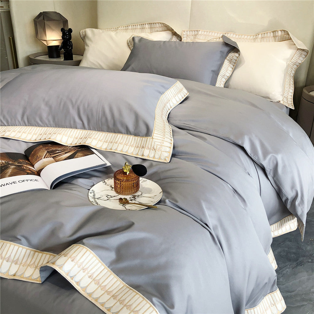Luxury Cotton Sateen Duvet Cover Bedding Set with Pleated Trim and Matching Pillow Shams