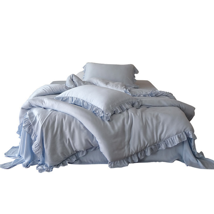 Ruffled Cotton-Linen Duvet Cover Set with Pillowcases and Fitted Sheet