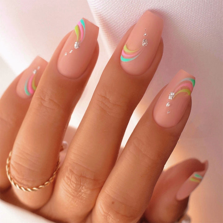 Artistic Press-On Nail Set with Colorful Wave Patterns Stornfield