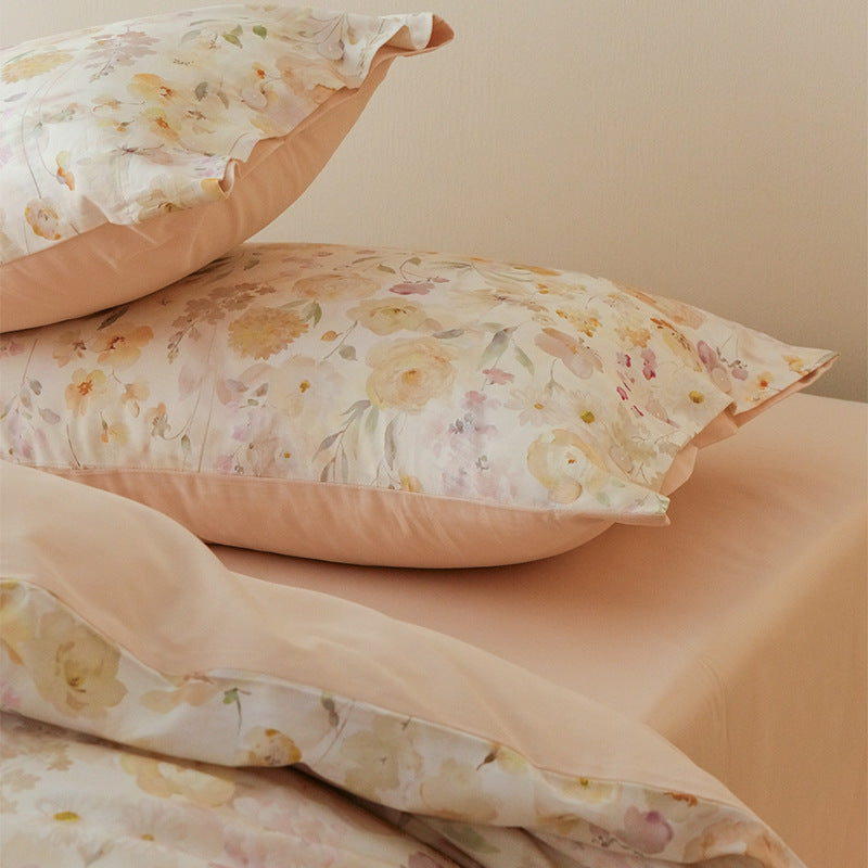Floral Cotton Sateen Reversible Duvet Cover Set with Pillow Shams