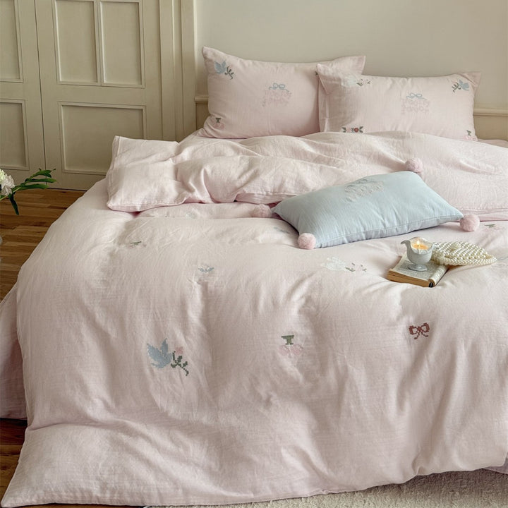 Delicate Floral and Dove Embroidered Cotton-Linen Duvet Cover Set with Decorative Pillow Shams