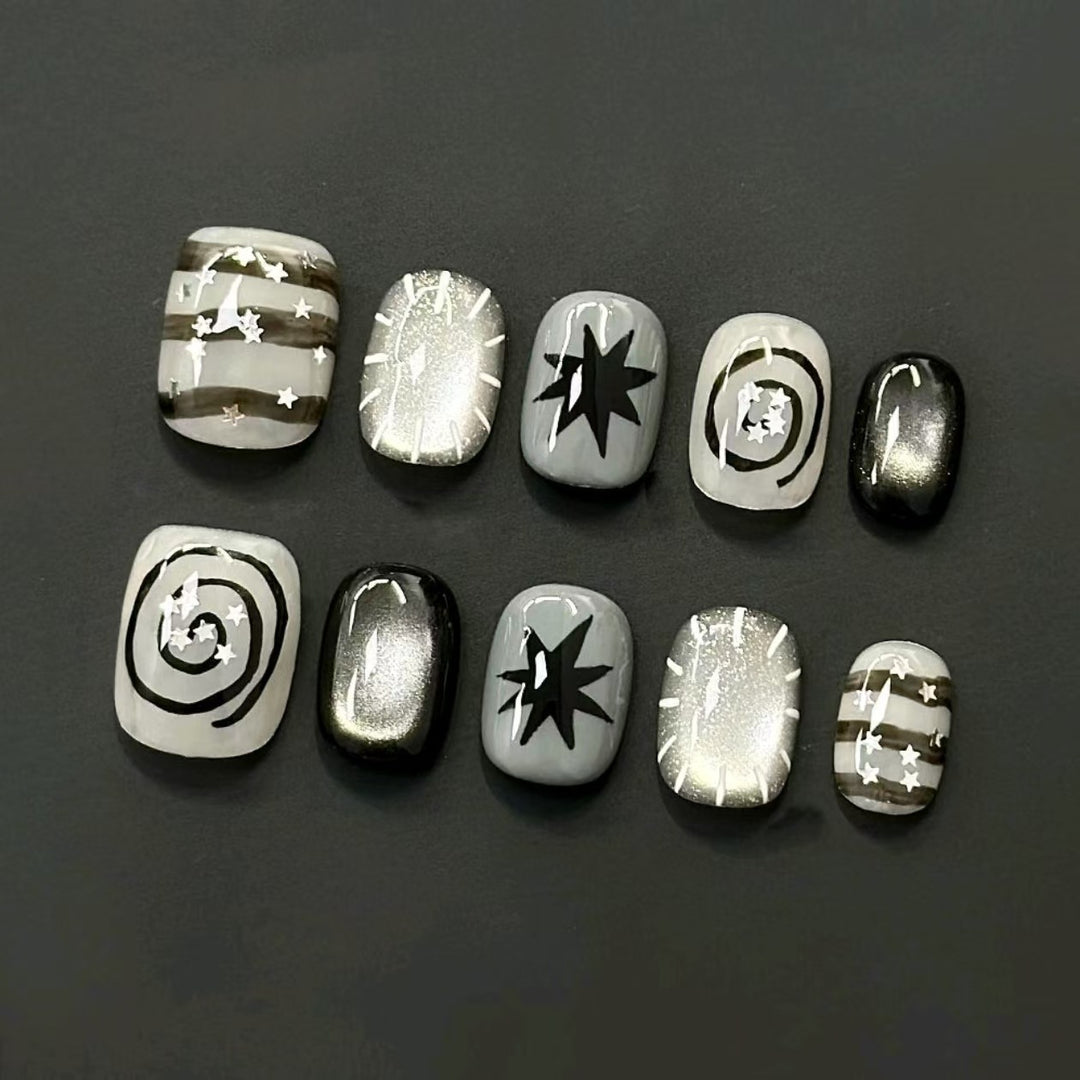 Artistic Press-On Nail Set with Geometric Designs Stornfield