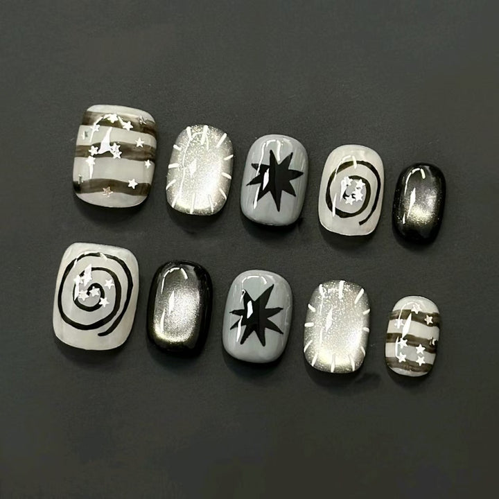 Artistic Press-On Nail Set with Geometric Designs Stornfield