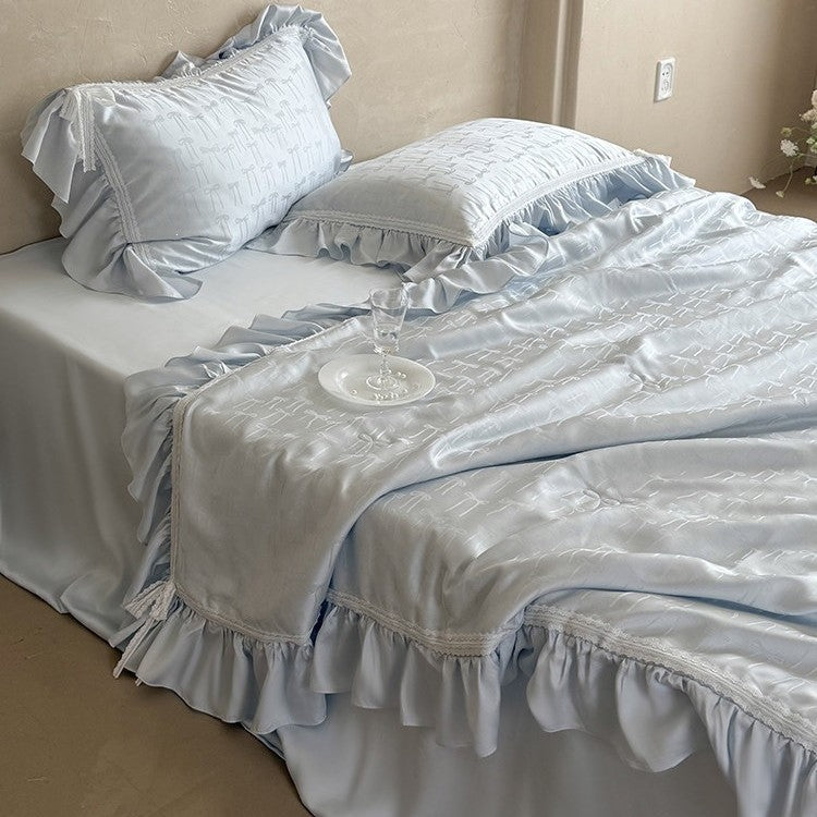 Satin bedding set with jacquard bow relief, gathered ruffle and lace trim