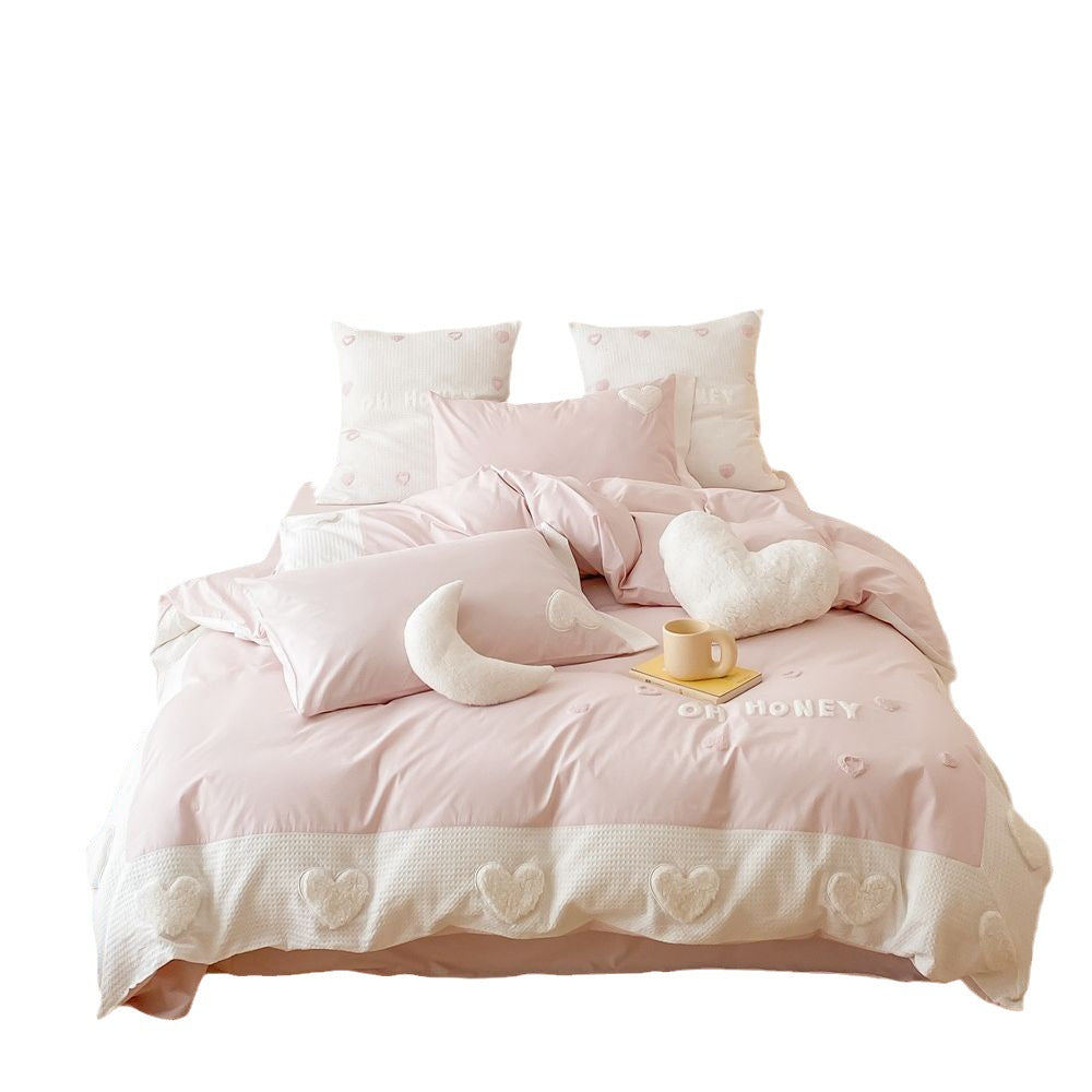 Romantic Embroidered Heart Cotton Duvet Cover Bedding Set