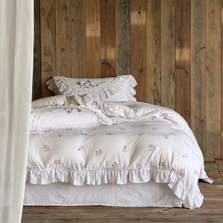 Romantic cotton bedding set with ruffle trim and rose embroidery