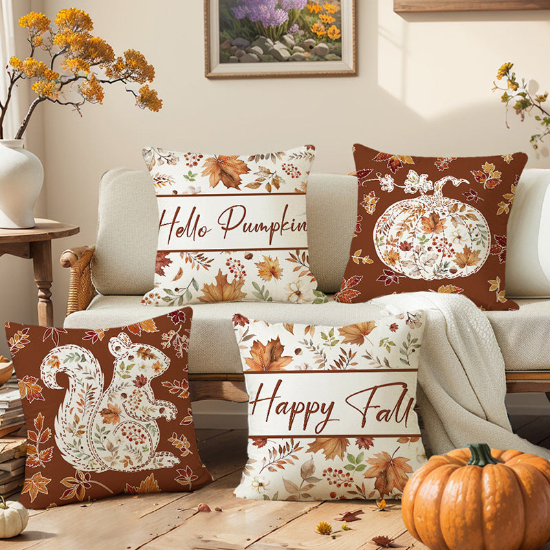 Square Cotton-Linen Autumn Botanical Pumpkin Accent Pillow Cover with Concealed Zipper