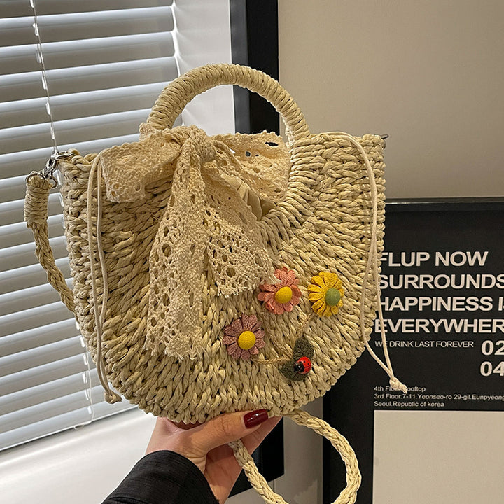 Handcrafted Floral Accent Straw Handbag