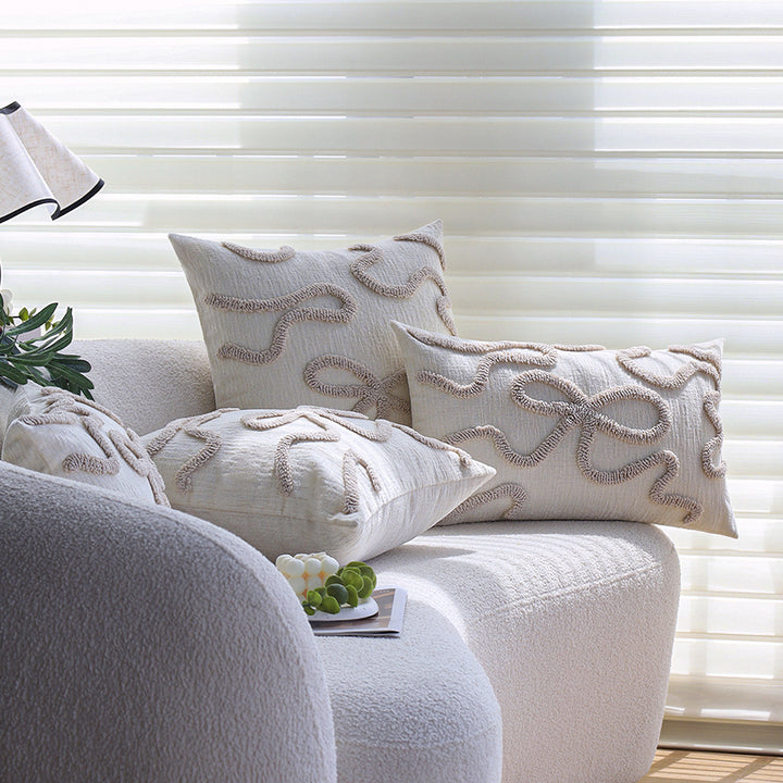 Square decorative cushion cover with hand-tufted bow and wave relief made of cotton-linen mix Stornfield