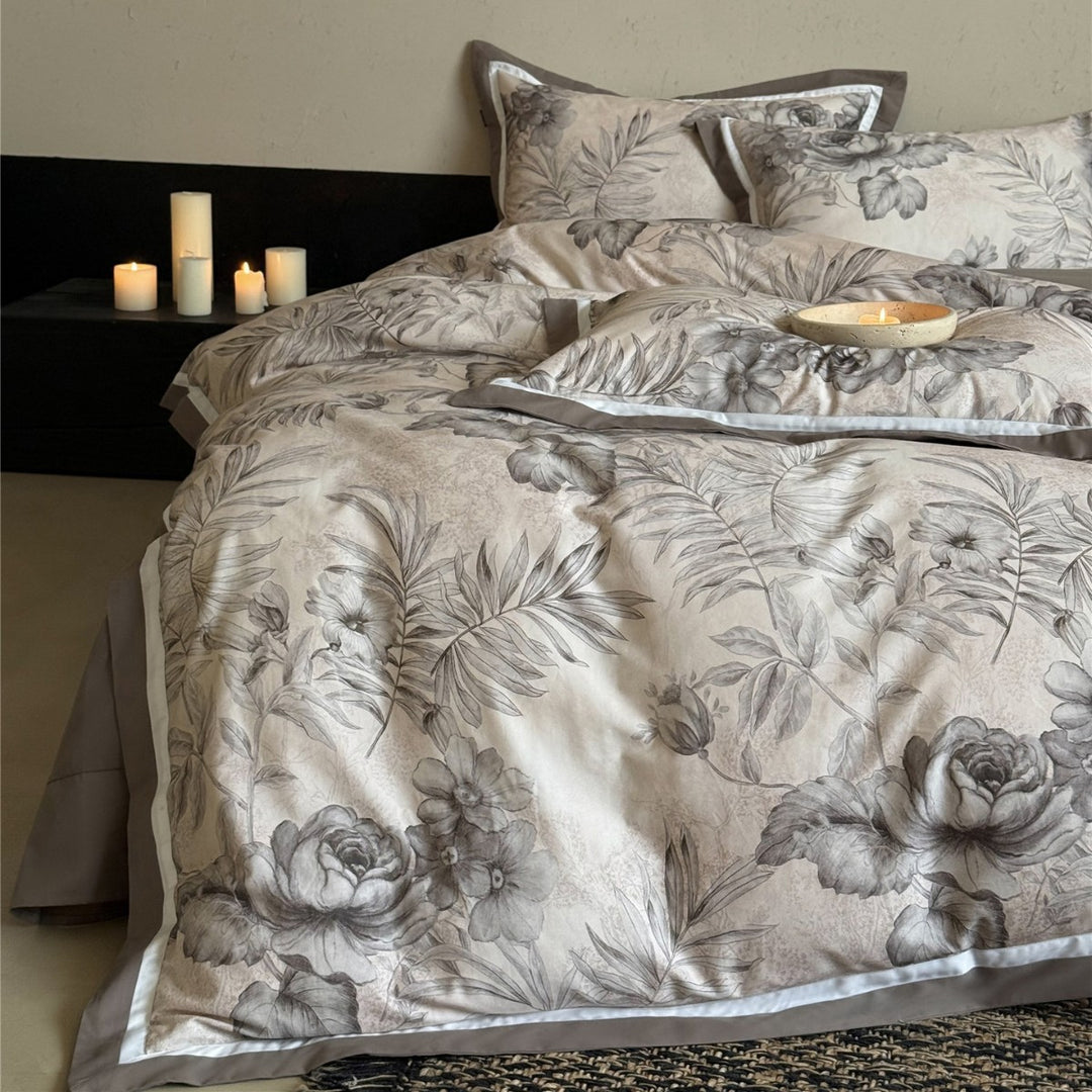Botanical-Illustration Cotton Sateen Duvet Cover Set with Piped Border & Oxford Shams
