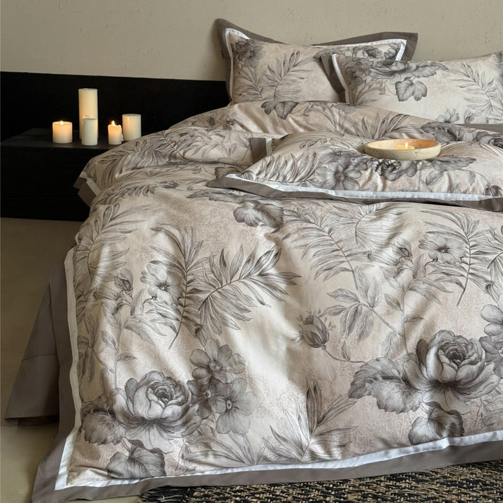 Botanical-Illustration Cotton Sateen Duvet Cover Set with Piped Border & Oxford Shams