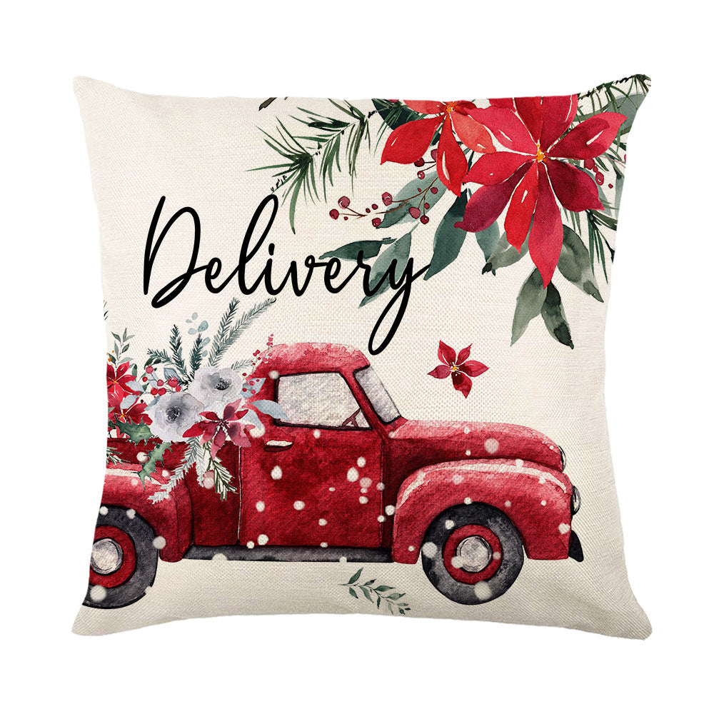 Holiday Linen Throw Pillow Cover with Merry Bright Script and Ribbon Bow Accent