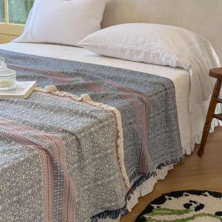 Oversized Woven Cotton Bedspread Throw with Fringe