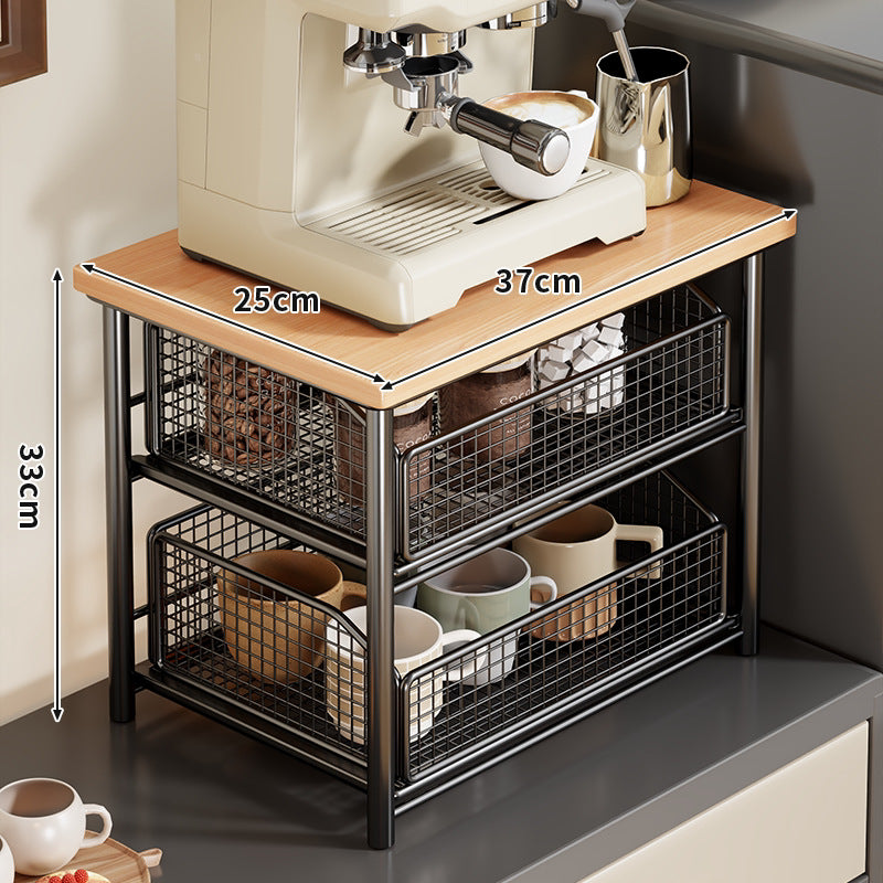Compact Two-Basket Metal Mesh Countertop Organizer with Natural Wood Top