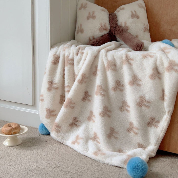 Plush Gingham Check Embroidered Fleece Throw Blanket with Bear Applique
