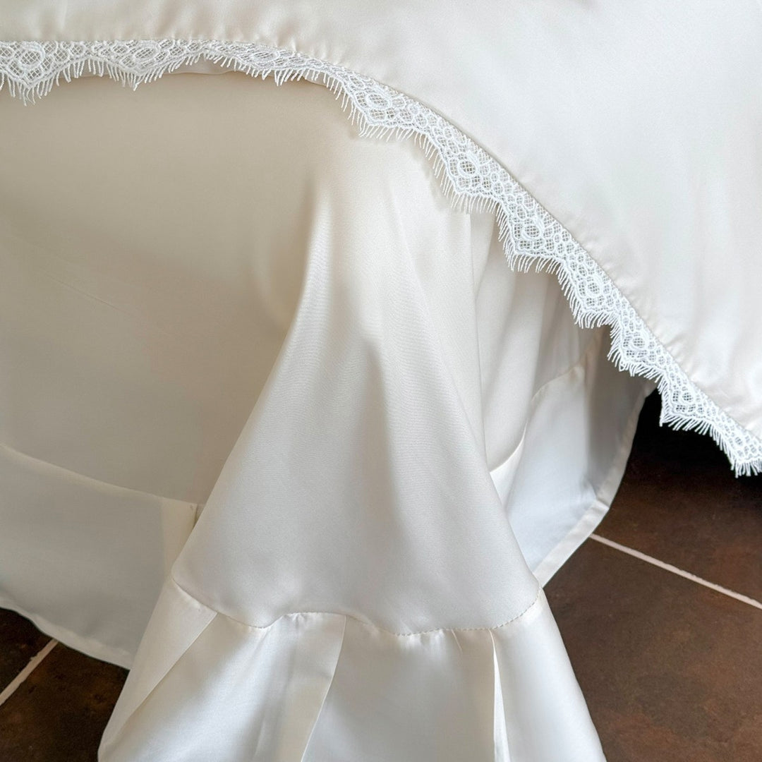 Luxe Embroidered Sateen Duvet Cover Set with Lace Trim and Tailored Bed Skirt
