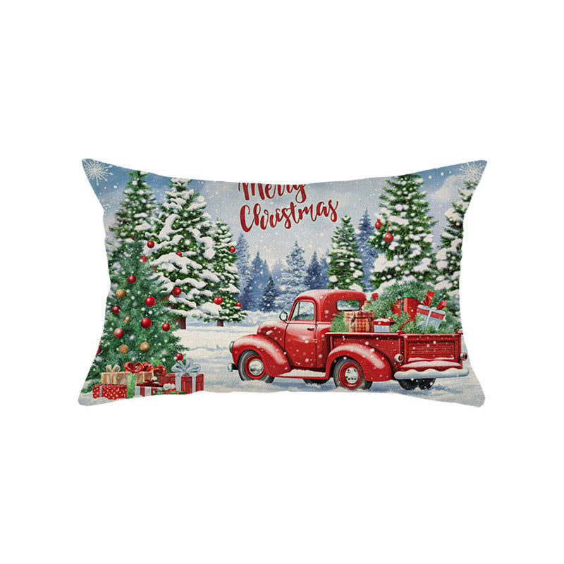 Festive Cotton-Linen Christmas Decorative Rectangular Pillow Cover with Santa Illustration and Hidden Zipper