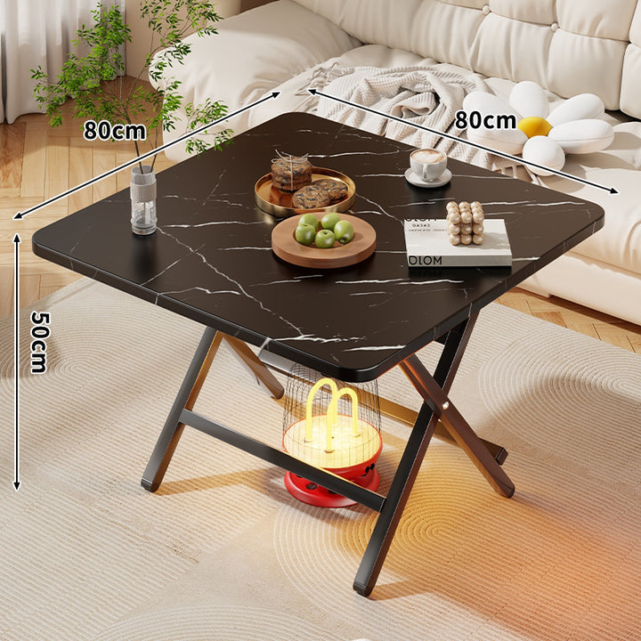 Square Foldable Marble-Effect Coffee Table with Cross-Leg Metal Frame