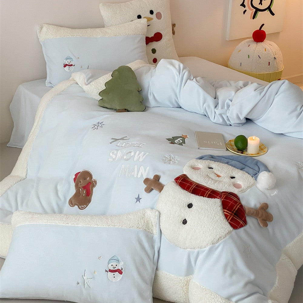 Children's bedding set with teddy fleece edge and three-dimensional snowman appliqués