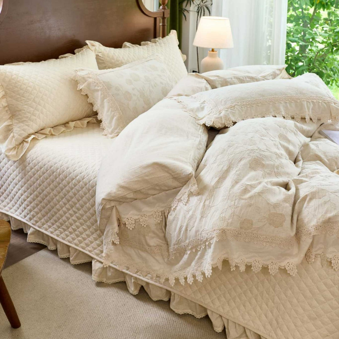 Cottage-Style Embroidered Cotton Duvet Cover Set with Crochet Lace Trim & Ruffle Bedskirt