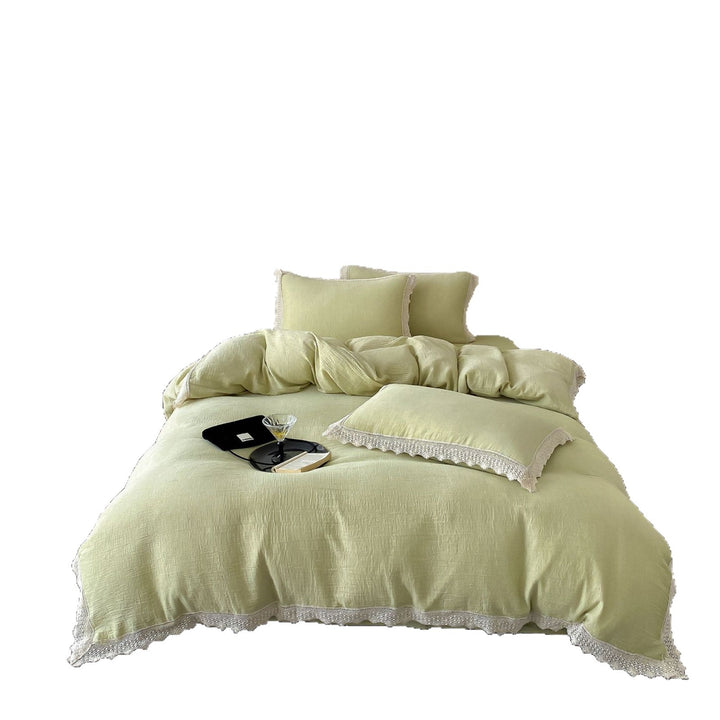 Luxurious linen bedding set with lace trim and pillowcases