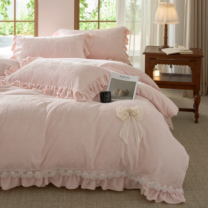 Embroidered Butterfly Pattern Bedspread Set