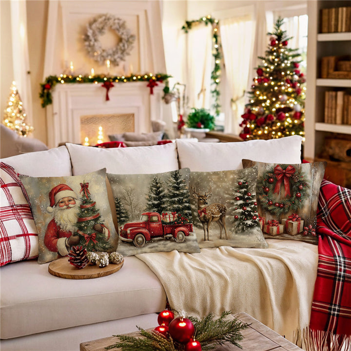 Festive Santa Illustration Cotton-Linen Square Throw Pillow Cover