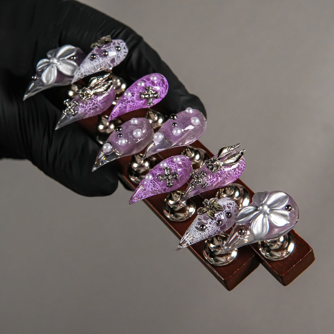 Decorative Stiletto Press-On Nails with Gem Accents