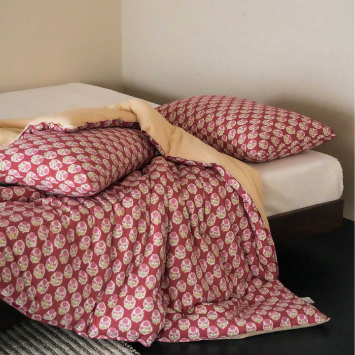 Floral Printed Cotton Duvet Cover Bedding Set with Reversible Lined Comforter Panel and Envelope Pillowcases