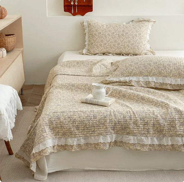 Quilted Ruffled Floral Cotton Coverlet Bedspread Set with Lace-Trim Pillow Shams