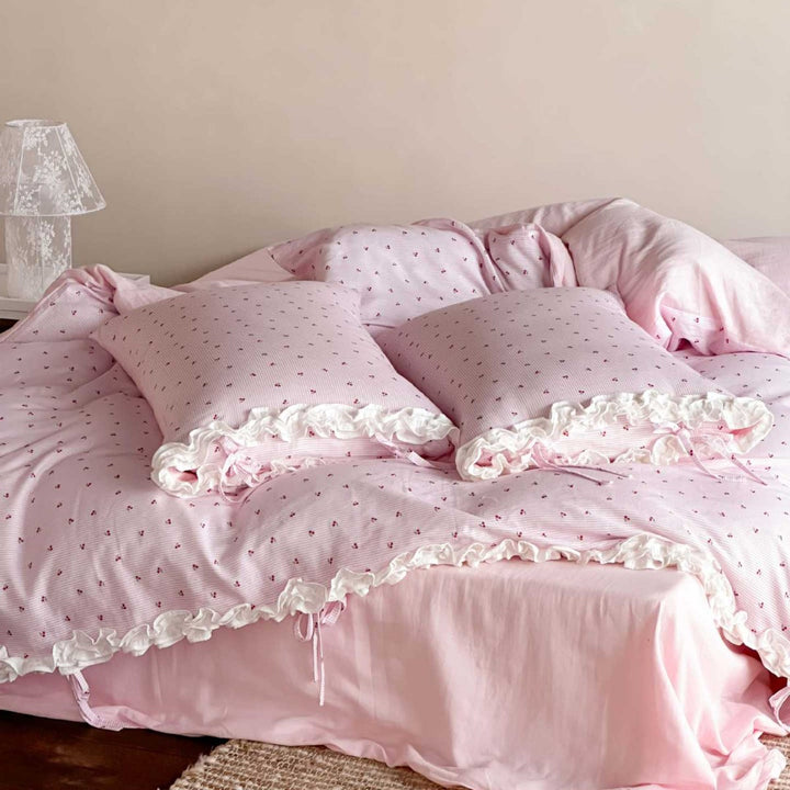 Ruffled Cotton Blend Duvet Cover Set with Tied Corners