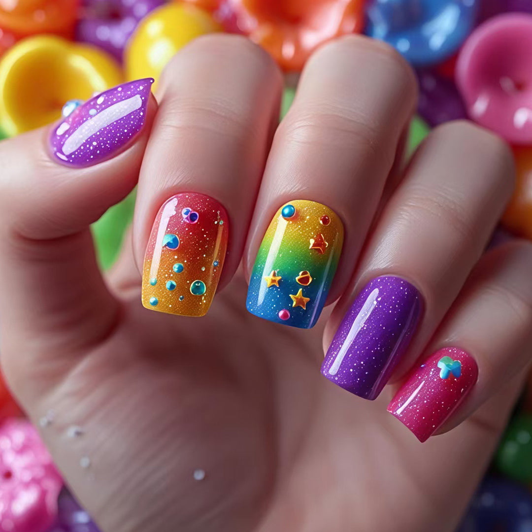 Creative art nails with sparkling rainbow design and 3D applications Stornfield