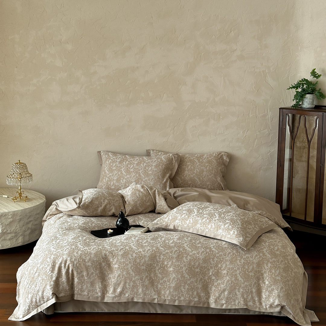 Floral Jacquard Duvet Cover Set Cotton-Linen Blend Reversible