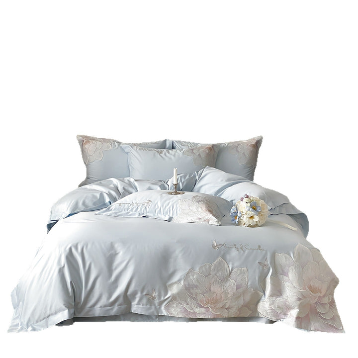 Satin-Feel Embroidered Floral Duvet Cover Set with Pillow Shams