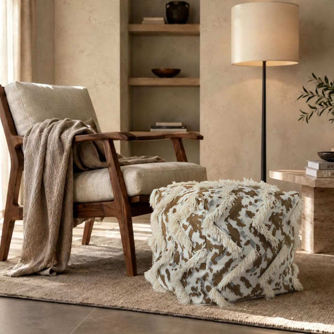 Filled floor seat pouf in ethnic jacquard with decorative fringes Stornfield