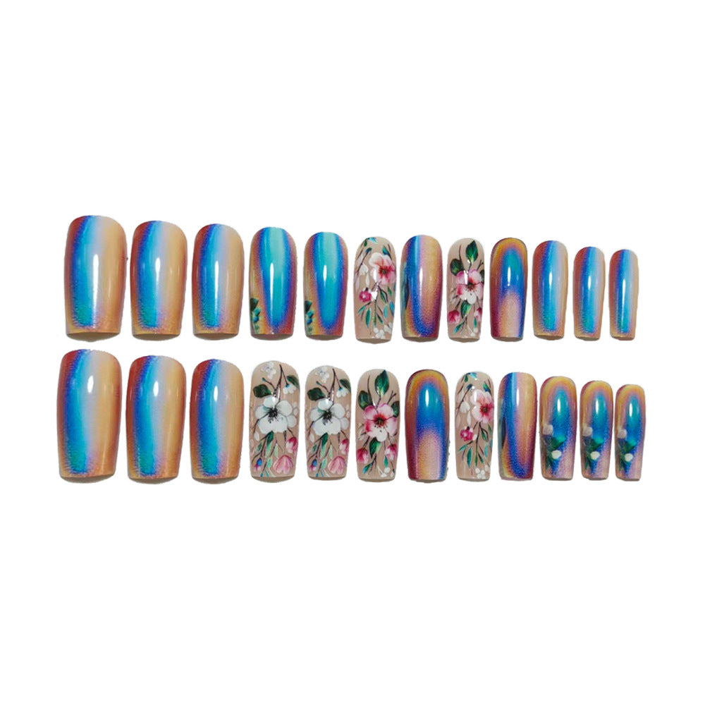 Artificial nails with elegant floral designs and holographic effect Stornfield