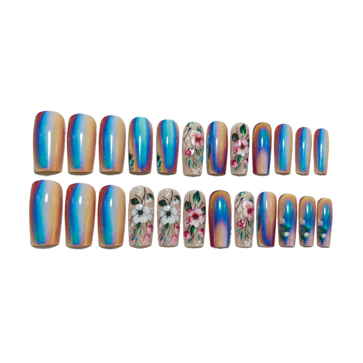 Artificial nails with elegant floral designs and holographic effect Stornfield