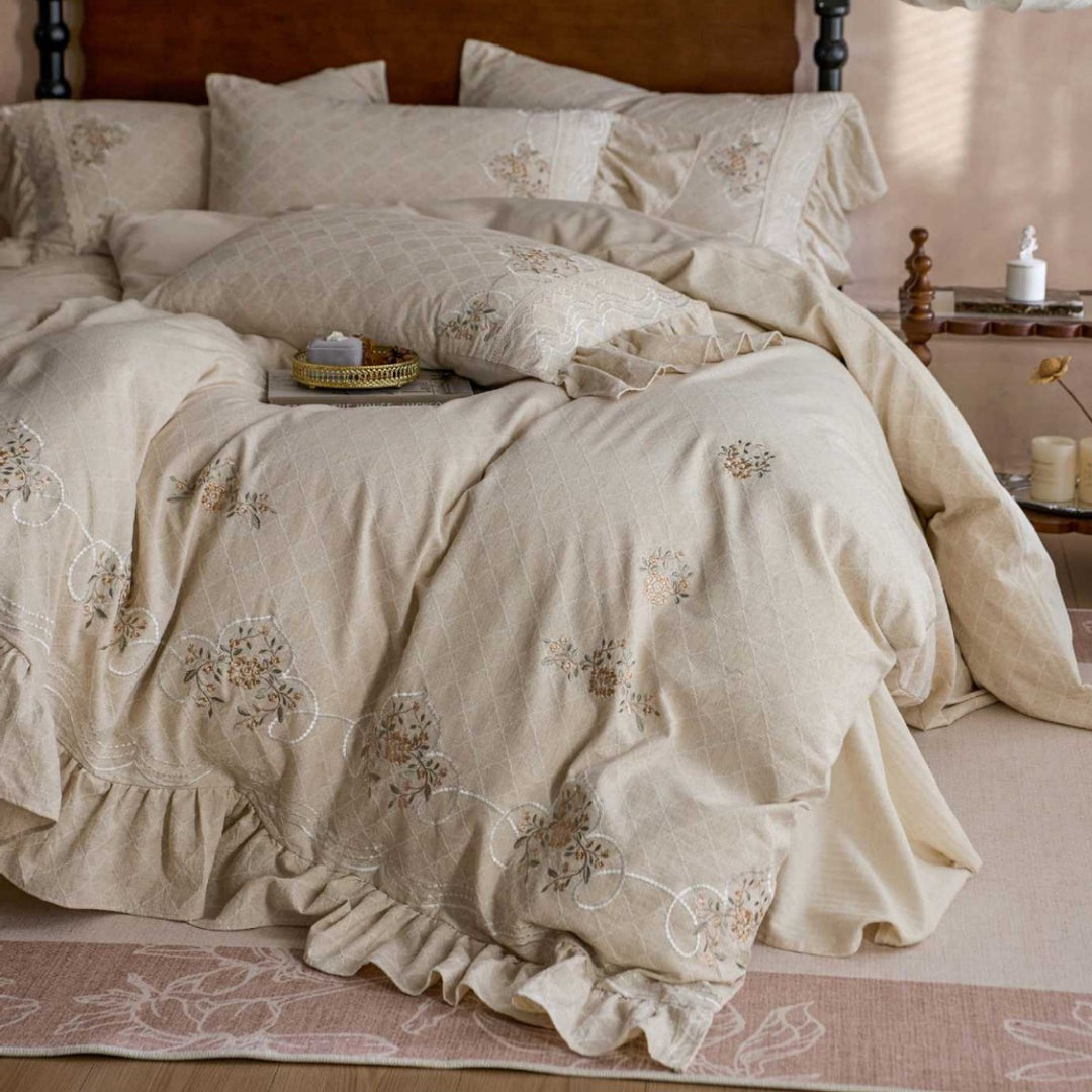 Embroidered Ruffled Cotton Duvet Cover Set with Skirted Bedspread