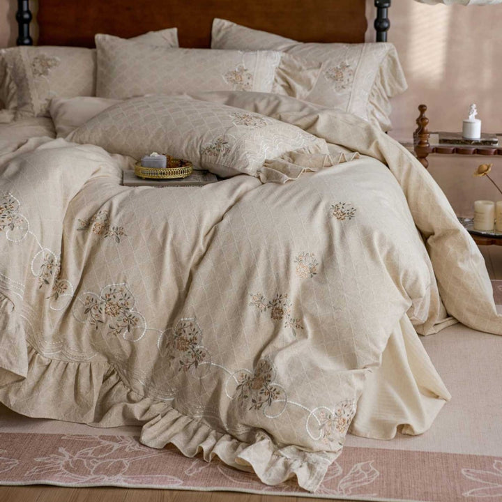 Embroidered Ruffled Cotton Duvet Cover Set with Skirted Bedspread