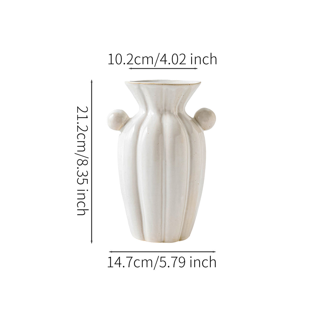 Hand-crafted fluted ceramic decorative vase with sculpted side handles